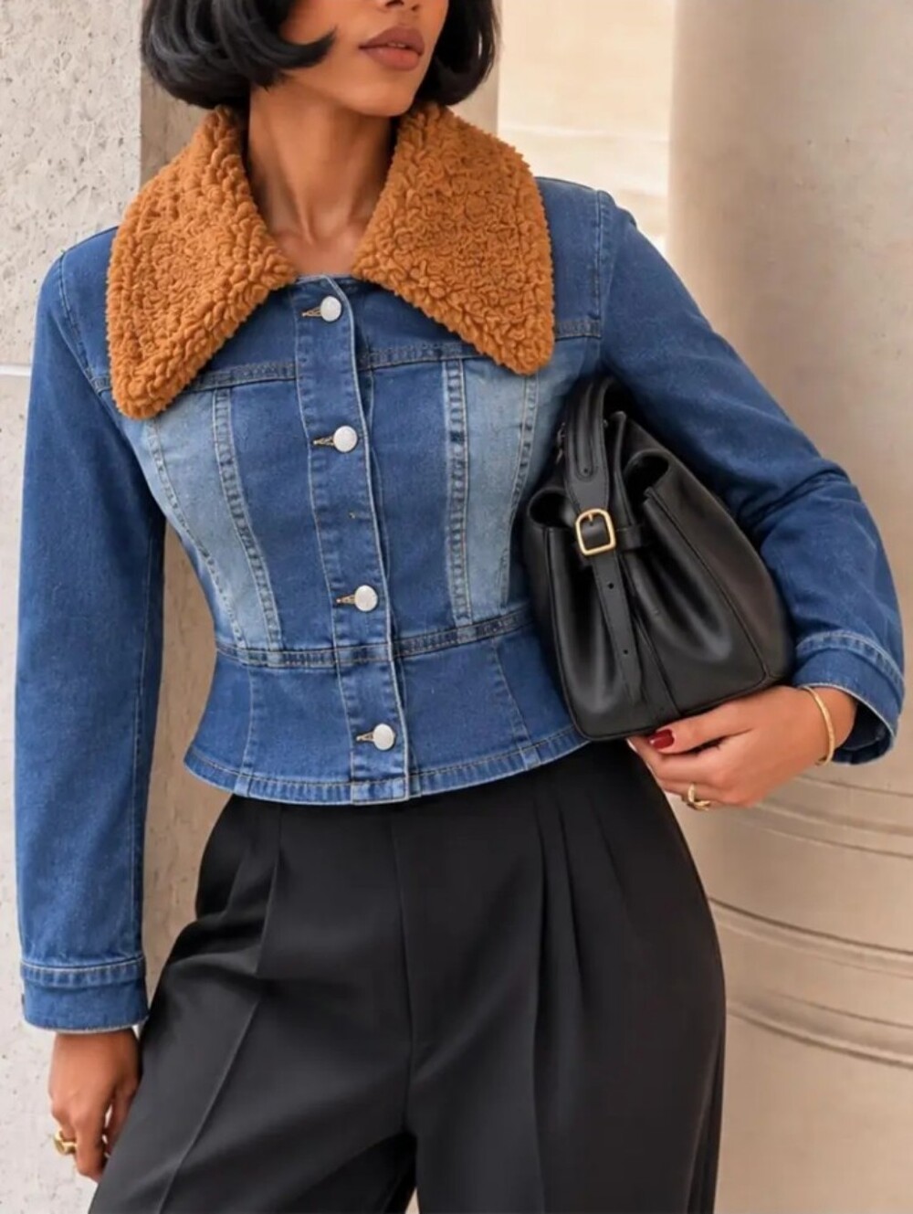 Large Size Women'S Autumn Winter Plush Collar Denim Jacket Faux Warm Washed Blue